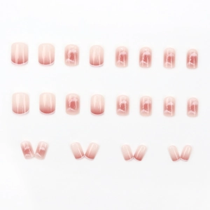 Pink gradient square press-on nails with white cloud patterns and glossy finish 24pcs