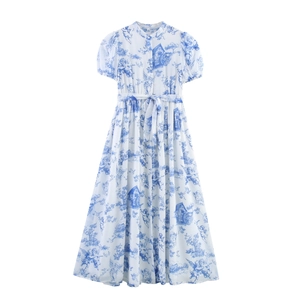 Vintage Polyester Toile De Jouy Print Maxi Kleid Französisch Pastoral Puffärmel Hohe Taille Gürtel Stehkragen Elegant Damen