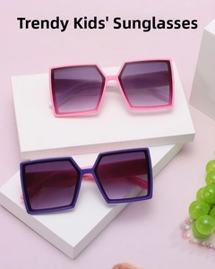 Close-up of kids square sunglasses with gradient lenses in pink and purple color combinations