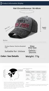 Size chart for vintage washed denim baseball cap with dimensions and head measurement guide