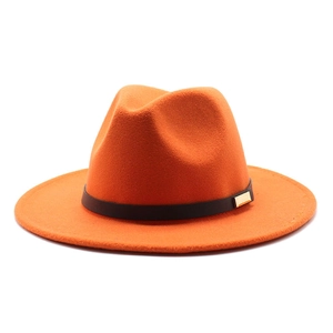 Detailed view of orange wool felt fedora featuring a black leather band and gold buckle