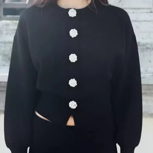 Women Knitted Cardigan And Mini Skirt Long Sleeve Black Round Neck Decorative Buttons Elegant Casual Streetwear