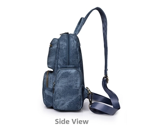 Side view of retro blue PU leather backpack showing side pocket and zipper details
