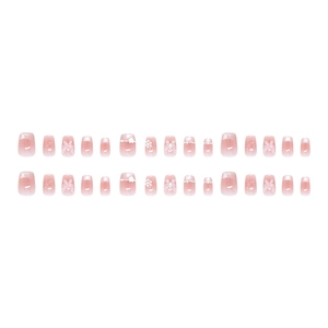 Pink and white gradient French press-on nails with butterfly and wave designs