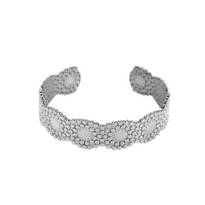 Exquisite silver open bangle with starburst motifs and beaded texture on metal surface