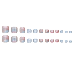 24pcs pink and blue gradient glitter press-on toenails with vertical texture detail