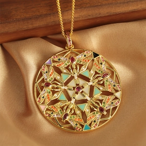 Golden dragonfly pendant necklace with colorful zircons and enamel on champagne silk