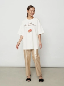 Γυναικείο Βαμβακερό Μπλουζάκι Oversized Στρογγυλή Λαιμόκοψη Κοντομάνικο Με Τύπωμα Ψωμιού Χαλαρό Τοπ