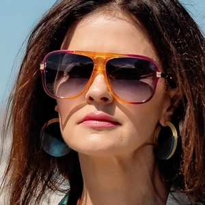 Fashionable square aviator sunglasses with orange purple gradient frames and dark lenses