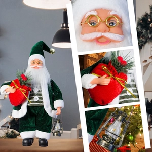 Detailed shots of green velvet Santa doll with red gift bag and vintage gold lantern