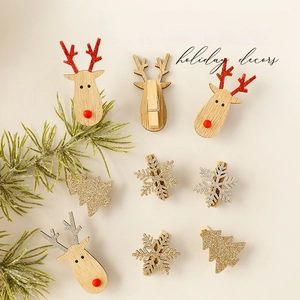 Christmas wooden reindeer antler hair clips with snowflake and tree designs in festive colors