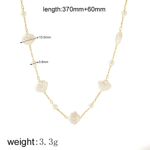 18K gold shell and pearl bead necklace for women with minimalist stainless steel chain