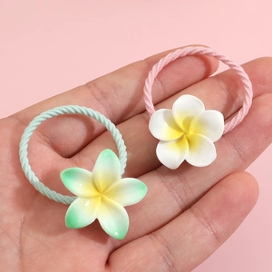 Elastic floral hair ties with green and white plumeria resin flowers for girls