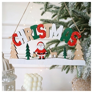 Detail of wooden Merry Christmas hanging sign with hand-painted Santa Claus and reindeer