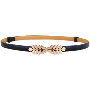 Adjustable black thin leather belt for women featuring a golden leaf metal buckle design
