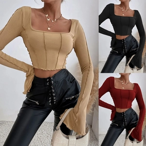 Damen Rippstrick Square Neck Crop Top Langarm Slim Fit Exposed Seams Lettuce Trim Open Back Lace Up Sexy Shirt
