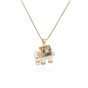 Golden elephant necklace with colorful cubic zirconia and white enamel pendant