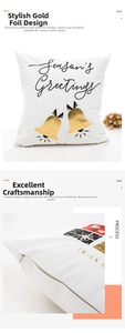 Detail view of gold stamped Christmas bells and invisible zipper on white festive pillow cover