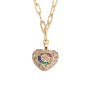 Hip hop heart necklace in gold with colorful zircons and crystal pavé pendant