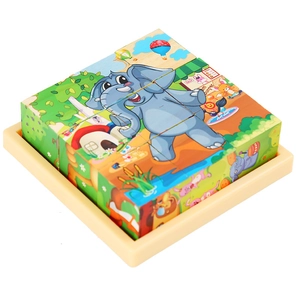 3D wooden block puzzle for kids featuring colorful cartoon elephant and hot air balloon