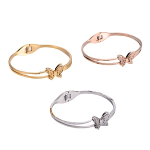 Three-color butterfly bangle set with sparkling crystals in gold and silver finish