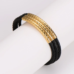 Modern industrial men's three-layer black steel wire open bangle with gold metal plate
