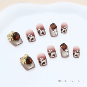 Handmade Press On Nails Gradient Wine Red Cat Eye Leopard Print With Rhinestone Metal Bow French Luxury Fashion For Women