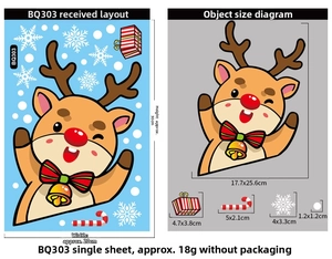Detailed size chart for Christmas reindeer window stickers with festive snowflakes