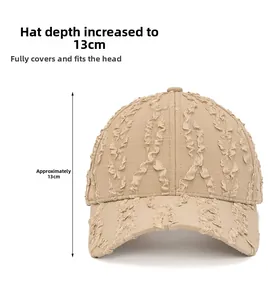 Detail showing 13cm depth and textured seersucker fabric of the beige baseball cap