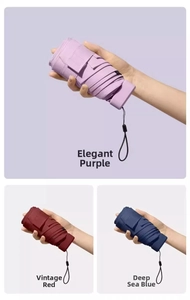 Flat ultra-slim mini folding umbrellas in violet red and blue showing compact portability