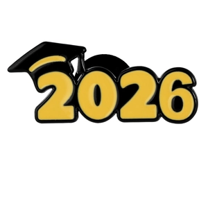 Detailed view of 2026 graduation cap pin with black and yellow enamel finish