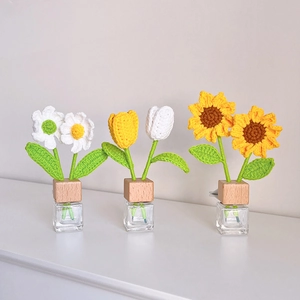 Handmade crochet sunflower and tulip car aromatherapy ornaments with glass essential oil bottles