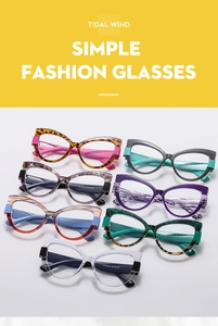 Detailed display of colorful TR90 cat eye glasses frames in seven stylish color patterns