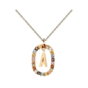 Close-up of golden letter A pendant with colorful zircon stones on a thin chain