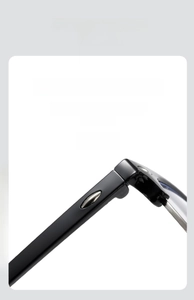 Detail of ergonomic curved non-slip eyewear arms with silver metal accents for comfort