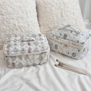 Detailed close-up of quilted cartoon bear toiletry bags with handles and ribbon zippers