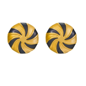 Polished gold and black swirl enamel circular stud earrings in high-grade stainless steel