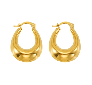 Close-up of chunky gold U-shaped hoop earrings with a polished metallic finish on white back