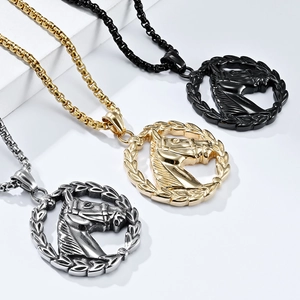 Retro stainless steel horse head necklaces in silver, gold, and black finishes