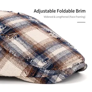 Béret rétro à carreaux avec bord courbé et texture tweed vieillie pour femmes et hommes