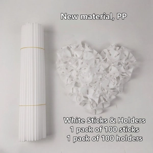 Detailed view of 100 white PP plastic balloon sticks with matching cups for party decor
