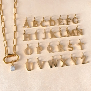 Detailansicht von 26 Buchstaben-Anhängern und dicker Goldkette mit Kristall-Anhänger