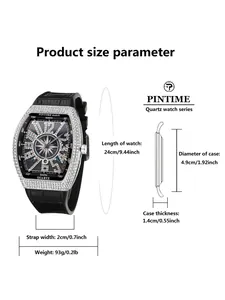 Detailed size chart for men's tonneau diamond quartz watch with metric and imperial units