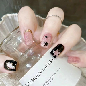 Unghie Finte Press On Effetto Occhio Di Gatto Motivo Stelle Forma Bara Balletto Glitter Nero Rosa ABS Per Donne Manicure