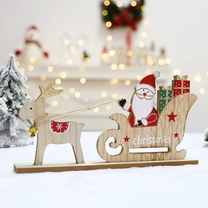 Christmas Wooden Reindeer Sleigh Santa Claus Desktop Ornament Painted Wood Festive Holiday Home Tabletop Decoration