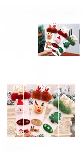 Detail view of plush Christmas hair accessory set with reindeer and Santa designs
