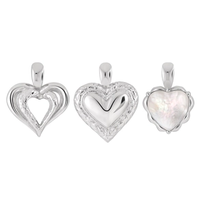 Three elegant S925 sterling silver heart pendants with hollow and mother of pearl inlay