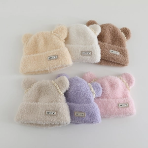 Plush knitted beanies for girls with cute animal ears and lace trim in six soft colors