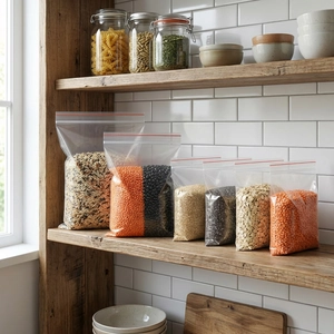 Transparent PE self-sealing bags storing various grains on organized wooden kitchen shelves