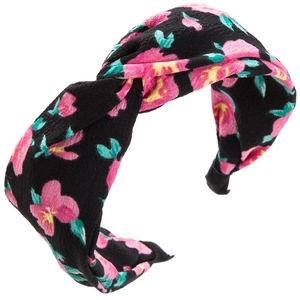 Bandeau à fleurs noué avec motifs rose et jaune sur tissu noir texturé élégant